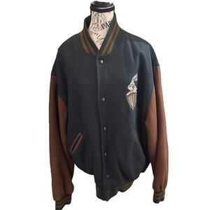 Vintage Warner Brothers Men's Green and Brown Varsity Jacket Size XL